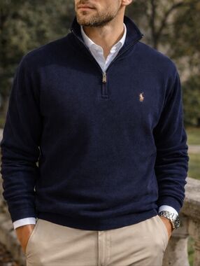 Polo Ralph Lauren Estate Rib Navy Quarter Zip Sweater 100% Cotton Classic Preppy